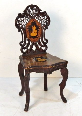 BLACK FOREST INLAID & CARVED SIDE CHAIR: Carved black walnut with inlaid back and seat. 37 1/2"h. x 18 1/2"w. x 17 1/2"d.