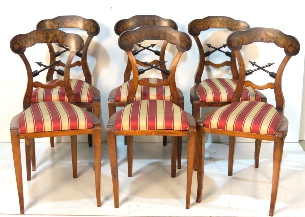 6 BIEDERMEIER SIDE CHAIRS: Circasian walnut with ebonized carved arrows. 36"h. x 19"w. x 21"d.