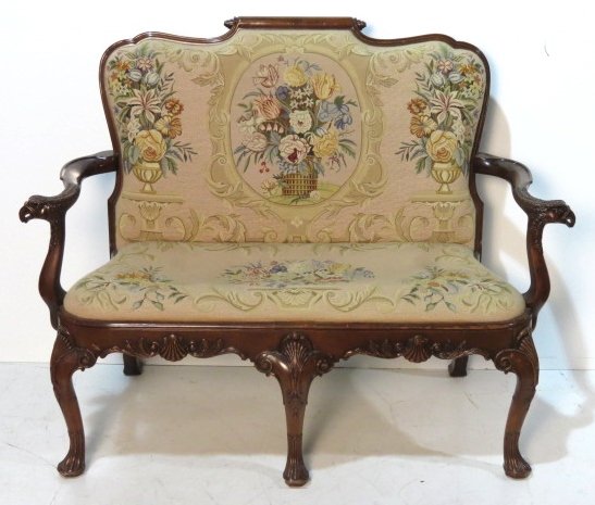 MAITLAND SMITH GEORGIAN STYLE NEEDLEPOINT SETTEE: Solid mahogany. Needlepoint seat and back.