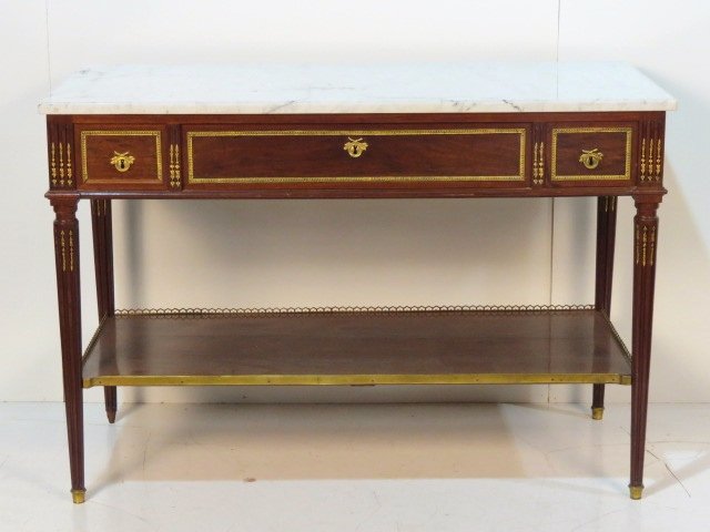 JANSEN LOUIS XVI STYLE BRONZE MOUNTED MARBLETOP SERVER: Finely cast gilt mounts. 34 1/2"h. x 50 3/4"w. x 22 3/4"d.