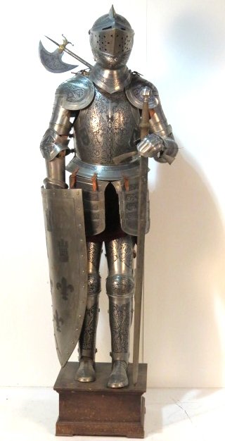 FEUDAL STYLE LIFE SIZE SUIT of ARMOR: Life size suit of armor including sword and axe.