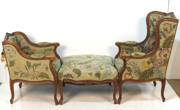 LOUIS XV STYLE 3 pc. CARVED OAK CHAISE: Carved oak frame. Needlepoint fabric. Chaise lounge comprised of 2 bergeres and ottoman. 43 1/2"h. x 80"w. x 30 1/2"d.