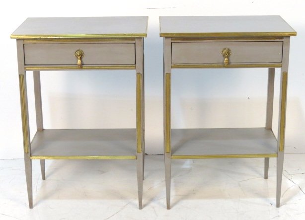 Pair SWEDISH STYLE GRAY PAINTED STANDS: Distressed gray paint. Bronze mouldings. 30 1/4"h. x 21"w. x 14 1/2"d.