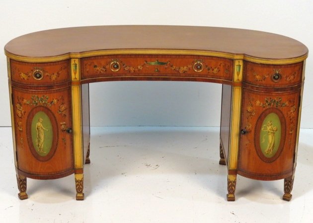 ADAMS STYLE SATINWOOD KIDNEY SHAPED DESK: Paint decoration with classical maidens and floral swags. 31"h. x 56"w. x 24"d.