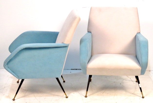 Pair GIO PONTI STYLE ITALIAN MODERN LOUNGE CHAIRS: Brass capped metal legs. 22 1/4"h. x 27 1/4"w. x 29"d.