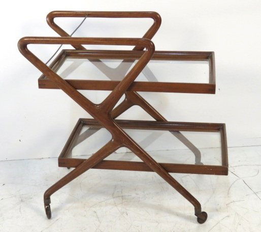 ITALIAN MODERN BAR CART attributed CESARE LACCA: Walnut with glass shelves. 29"h. x 29 1/4"w. x 17 1/4"d.