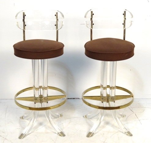 Pair LUCITE & BRASS MODERN BAR STOOLS: Lucite back and legs. 37"h. x 17 1/2"w. x 18"d.