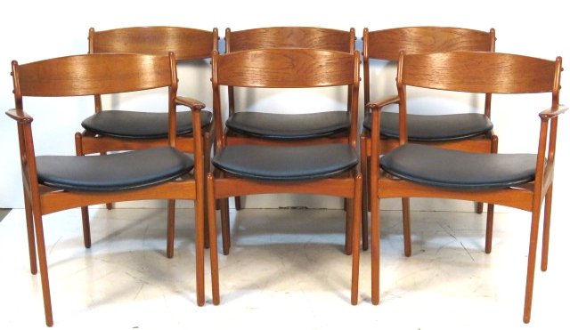 6 ERIC BUCK DANISH TEAK DINING CHAIRS: Made by Oddense Maskinsnedkeri A-S. 30"h. x 23 1/2"w. x 20"d.