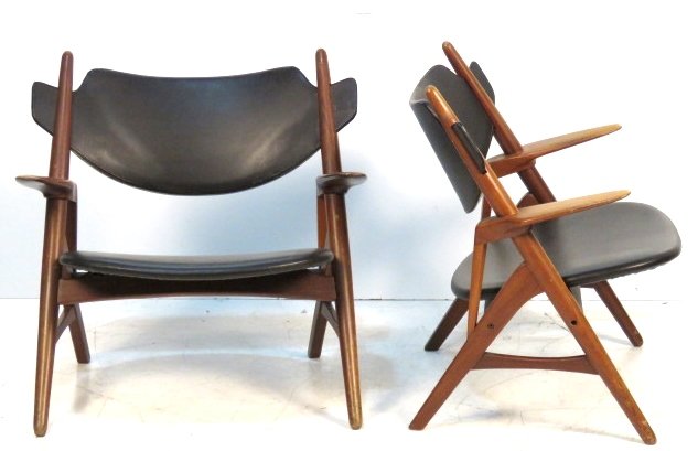 Pair ITALIAN MODERN ARMCHAIRS manner of HANS WEGNER: Teak frame with black naugahyde. 30"h. x 30"w. x 23 3/4"d.