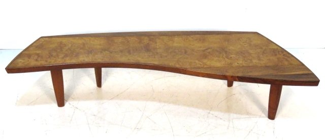 GEORGE NAKASHIMA for WIDDICOMB ROSEWOOD COFFEE TABLE: Rosewood and burl walnut with walnut legs. 13"h. x 66 1/4"w. x 24"d.