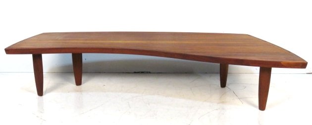 GEORGE NAKASHIMA for WIDDICOMB WALNUT COFFEE TABLE: Walnut with sap line. 14 3/4"h. x 64"w. x 24"d.