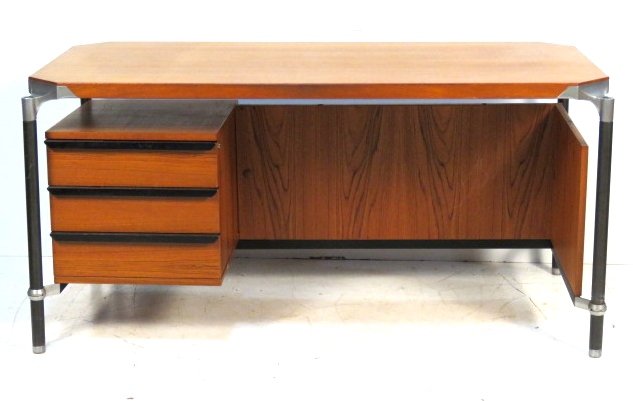 ICO PARISI for MIM ROMA TEAK & METAL TOP DESK: Teak with steel and aluminum legs. 32"h. x 39 1/2"diam.