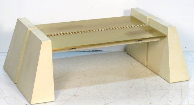 GARRY KNOX BENNETT COFFEE TABLE: Painted burlap wrapped legs. Bronze top with faux bone tiles. 16 3/4"h. x 50 1/4"w. x 30 1/4"d.