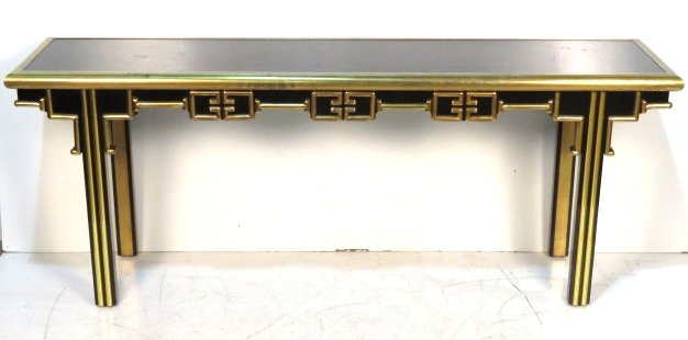 MASTERCRAFT ASIAN MODERN BRASS MOUNTED CONSOLE TABLE: Black laminate with brass mouldings. 30 1/2"h. x 78"w. x 19 1/4"d.