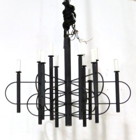 GAETANO SCIOLARI BLACK PAINTED BRASS CHANDELIER: Black enameled brass chandelier. 21 1/2"h. x 27"diam.
