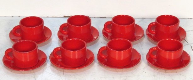 8 POL CHAMBOST RED CERAMIC CUPS & SAUCERS: Signed Poterie Pol Chambost. Made in France for Bloomingdales.