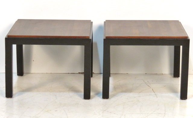 Pair ED WORMLEY INSPIRED ROSEWOOD TOP END TABLES: In the manner of Ed Wormley. 17"h. x 22"sq.