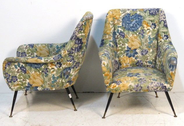 Pair GIO PONTI STYLE ITALIAN MODERN LOUNGE CHAIRS: Brass and metal legs. 34"h. x 26"w. x 28"d.