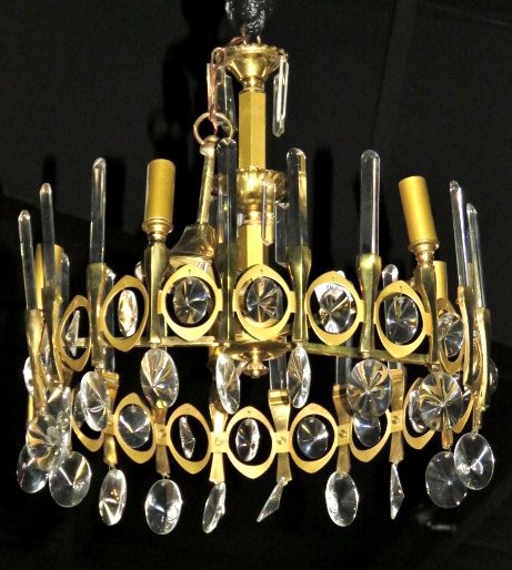 GAETANO SCIOLARI BRASS & PRISM CHANDELIER: Brass with crystal prisms. 17"h. x 17"diam.
