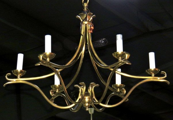 JEAN ROYERE STYLE BRASS CHANDELIER: Brass 6 light chandelier. 22"h. x 30"diam.