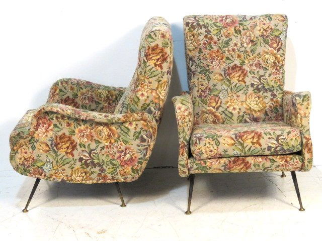 Pair ARFLEX STYLE ITALIAN MODERN LOUNGE CHAIRS: Brass and metal legs. 36"h. x 26"w. x 34"d.