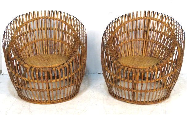 Pair FRANCO ALBINI BAMBOO & RATTAN BASKET CHAIRS: Bent and woven bamboo. 32"h. x 34"w. x 31"d.