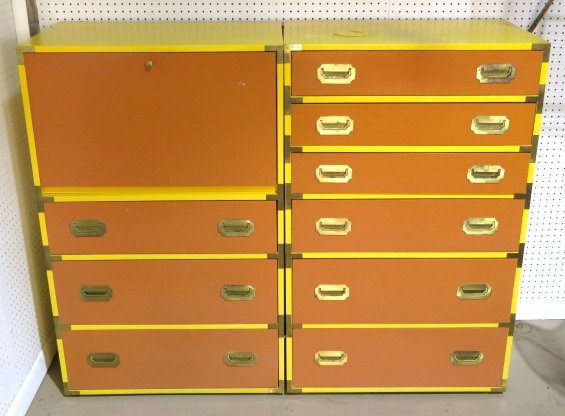 Pair 1970's ORANGE PAINTED CAMPAIGN STYLE CHESTS: Orange and yellow painted with brass mounts. 48"h. x 30"w. x 19"d.
