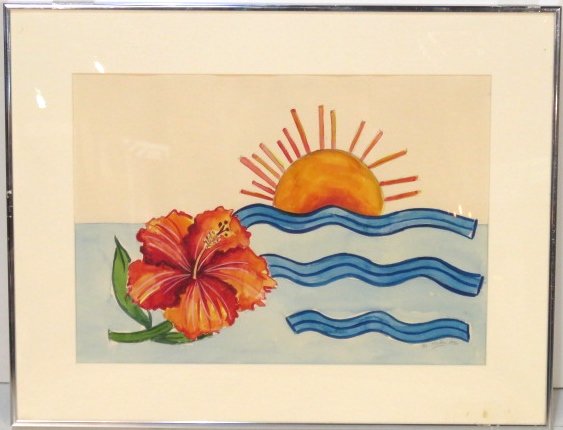 MARJORIE STRIDER MODERN WATERCOLOR "SUNRISE": Signed M. Strider 1980. Watercolor on paper. 13 1/2"h. x 19"w. Frame 19 3/4"h. x 25 1/4"w. Aquired from Best Products Corporation Headquarters.