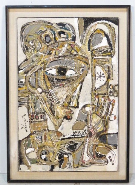 MODERN MIXED MEDIA ABSTRACT PAINTING: Paint and sand on canvas. Signature indiscernable. 36"h. x 24"w. Frame 42 1/2"h. x 29"w.