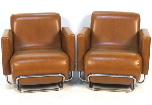 Pair ITALIAN MODERN CHROME & NAUGHYDE LOUNGE CHAIRS: Light brown naugahyde with chrome legs. 26 1/4"h. x 27 1/4"w. x 33"d.