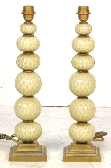 Pair MURANO GLASS STACKED BALL TABLE LAMPS: Stacked murano glass balls with brass bases. 22 1/2"h. x 23"w.