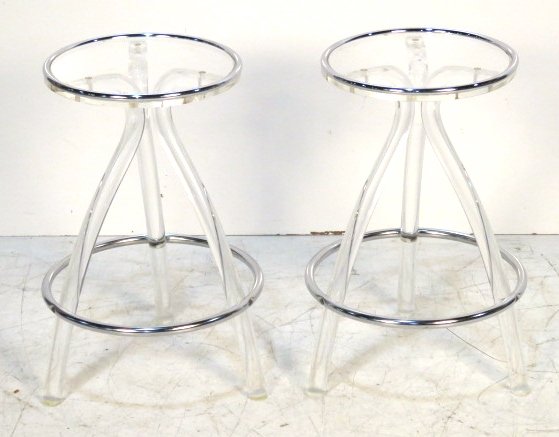 Pair MODERN LUCITE & CHROME BAR STOOLS: Pair lucite and chrome bar stools. 25"h. x 16 1/2"diam.