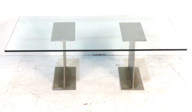 WARD BENNETT STYLE I-BEAM CHROME COFFEE TABLE: Chrome plated iron pedestal. 16 1/4"h. x 49 1/2"w. x 30"d.