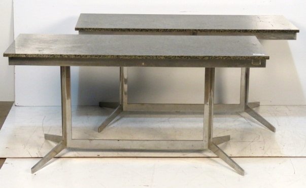 Pair MODERN DESIGN CHROME & MARBLE TABLES: Chrome metal with green marble tops. 29 1/2"h. x 61"w. x 22"d.