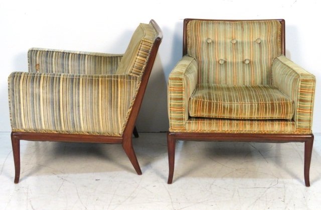 Pair ROBSJOHN GIBBINGS UPHOLSTERED LOUNGE CHAIRS: Mahogany frames. 20 1/2"h. x 29"w. x 33"d.