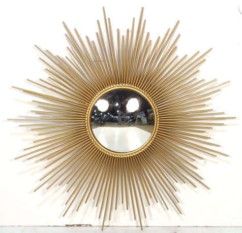 40" GOLD PAINTED METAL SUNBURST MIRROR: Gold painted metal with convex mirror. 40 1/4"diam.