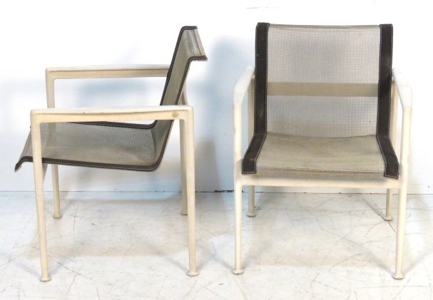 Pair RICHARD SCHULTZ for KNOLL PATIO ARMCHAIRS: Aluminum frame with white powder coating. Mesh fabric. 29 1/4"h. x 23 1/4"w. x 24"d.