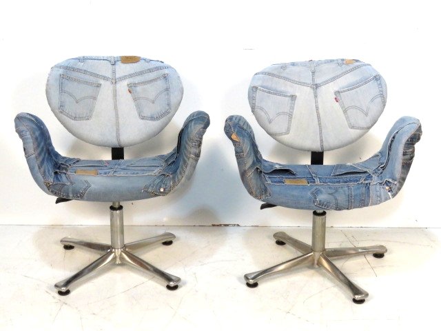 Pair LEVIS DENIM UPHOLSTERED SWAN CHAIRS: Arne Jacobsen style chairs upholstered with Levis jeans. 30"h. x 28"w. x 22"d.