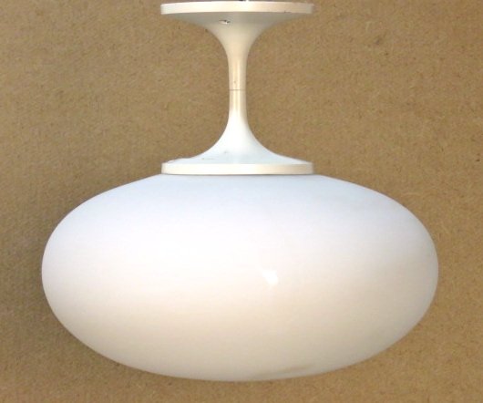 LIGHTCRAFT of CALIFORNIA MUSHROOM CEILING FIXTURE: White enamel with white glass globe. 11 3/4"h. x 12"diam.