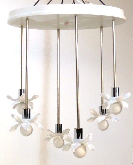 MODERN DESIGN LIGHT FIXTURE w/ ART GLASS FLOWERS: Chrome and white painted wood ceiling fixture with flowers. 23"h.