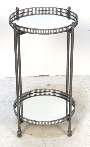 INDUSTRIAL DIRECTOIRE STYLE METAL TRAY TABLE: Steel frame with mirrored trays. 30"h. x 18 1/2"diam.