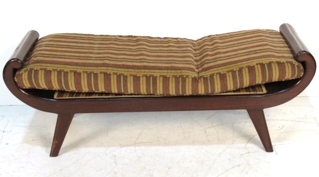 MODERN DANISH STYLE EBONIZED WINDOW SEAT: Mahogany with upholstered cushion. 18"h. x 49 1/2"w. x 16"d.