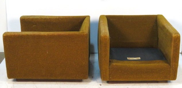 Pair MILO BAUGHMAN UPHOLSTERED LOUNGE CHAIRS: Milo Baughman lounge chairs. 25"h. x 35"w. x 33"d.