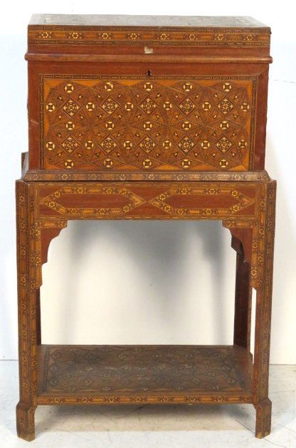 MOORISH INLAID CELLARETTE: Inlaid cellarette with lift top. 42 1/2"h. x 27"w. x 17"d.