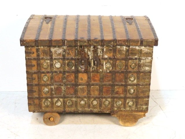 ASIAN WOOD TRUNK w/ IRON STRAPPING: Wood chest with iron strapping and hardware. 28 1/2"h. x 36 1/2"w. x 23 1/4"d.