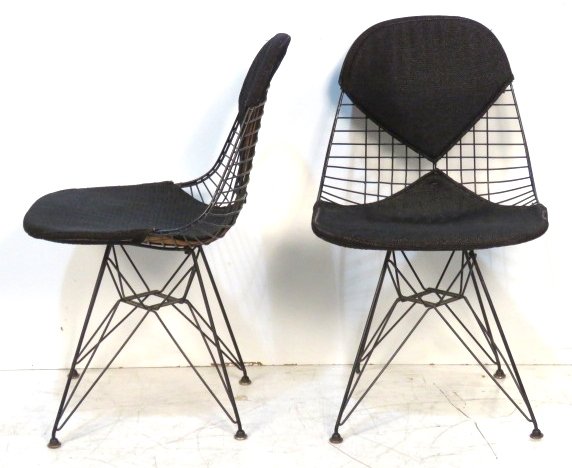 Pair EAMES for HERMAN MILLER BIKINI CHAIRS: Ray & Charles Eames DKR Bikini chairs with Eiffel bases. 32"h. x 21"w. x 19 1/2"d.