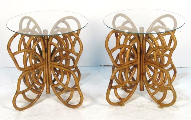 Pair FOLDING BAMBOO GLASSTOP BUTTERFLY TABLES: Bamboo with glass tops. 22"h. x 21"diam.