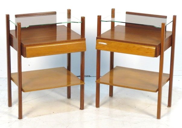 Pair ITALIAN MODERN GLASSTOP NIGHTSTANDS: Teak with glass top. 24"h. x 17 1/2"w. x 14 3/4"d.