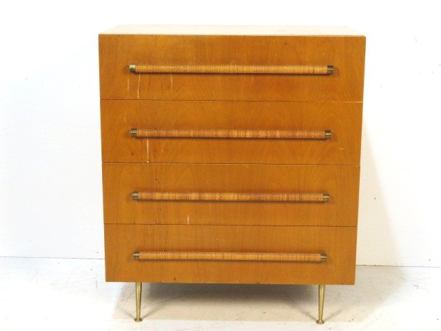 ROBSJOHN GIBBINGS WIDDICOMB CHEST w/ WICKER HANDLES: Wicker wrapped drawer pulls. Brass legs. 40 3/4"h. x 34 1/2"w. x 23 1/2"d.