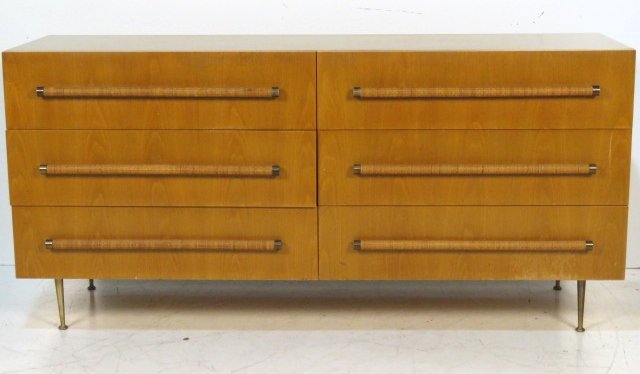 ROBSJOHN GIBBINGS WIDDICOMB DRESSER w/ WICKER HANDLES: Wicker wrapped drawer pulls. Brass legs. 32 1/2"h. x 68"w. x 21"d.